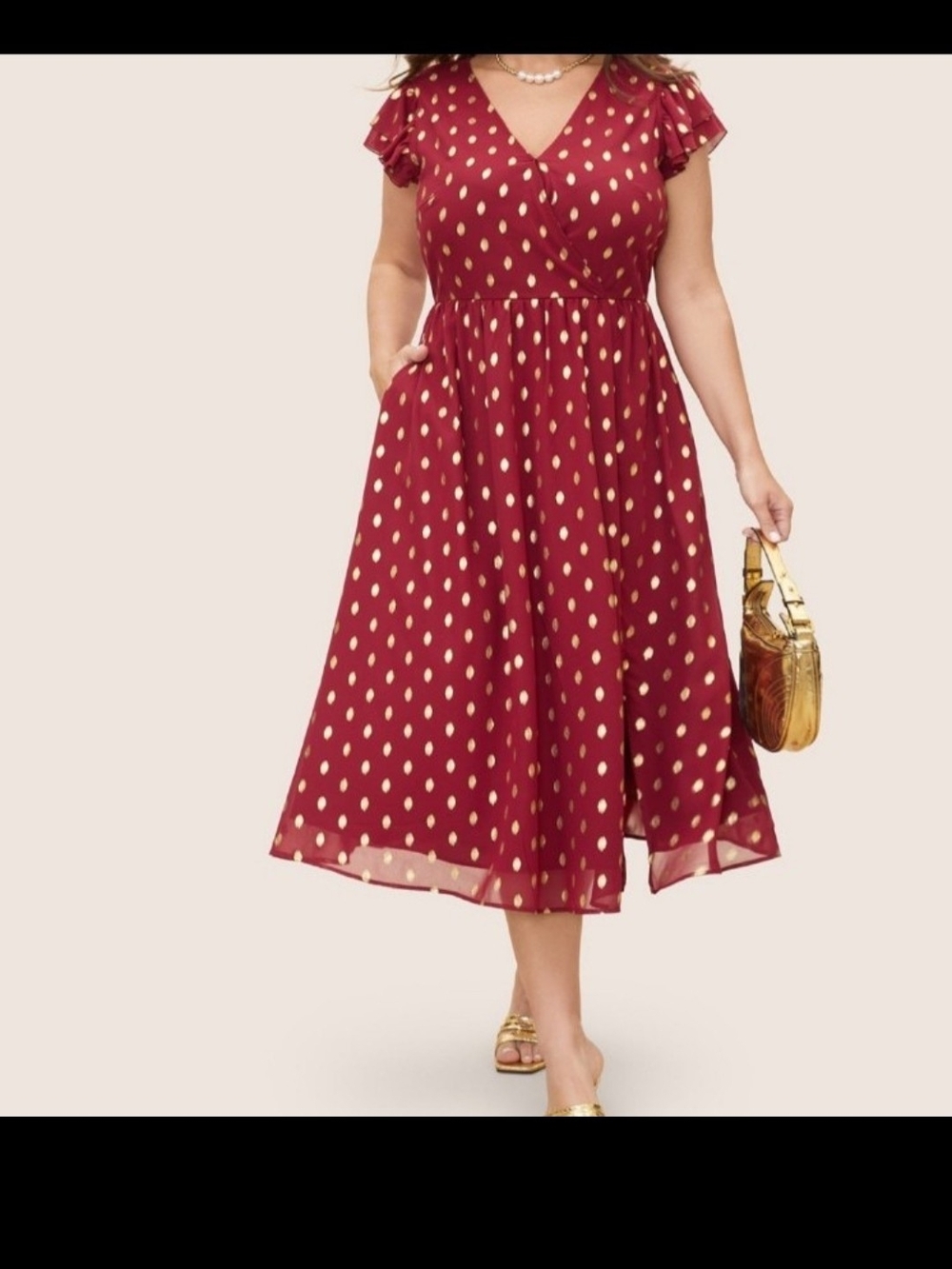Plus Size Polka Dot Wrap Midi Dress in Burgundy NWT